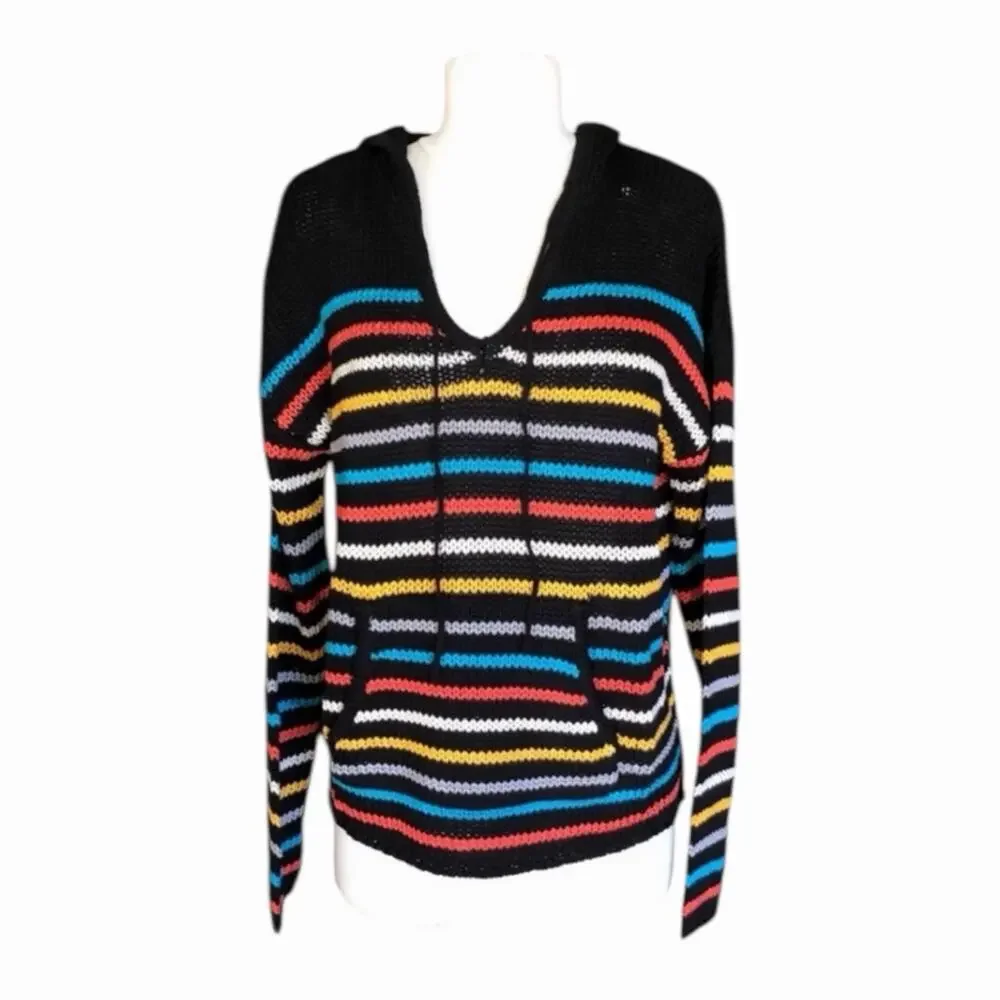 LoveStitch NWT Black Aqua Orange Stripe Kangaroo Pocket Hoodie Long Sleeve - Picture 1 of 13